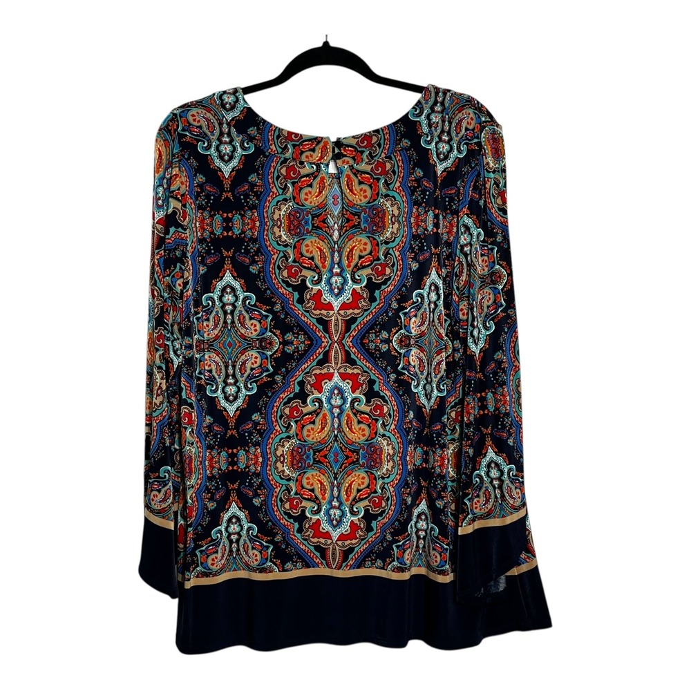 New Directions Womens XL Paisley Medallion Split Bell Sleeve Top Navy Blue Red - Picture 2 of 8